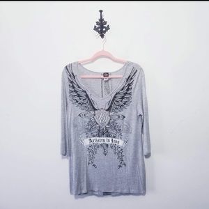 Harley-Davidson Scoop Neck Embellished 3/4 Sleeve Tee size US XL , Grey